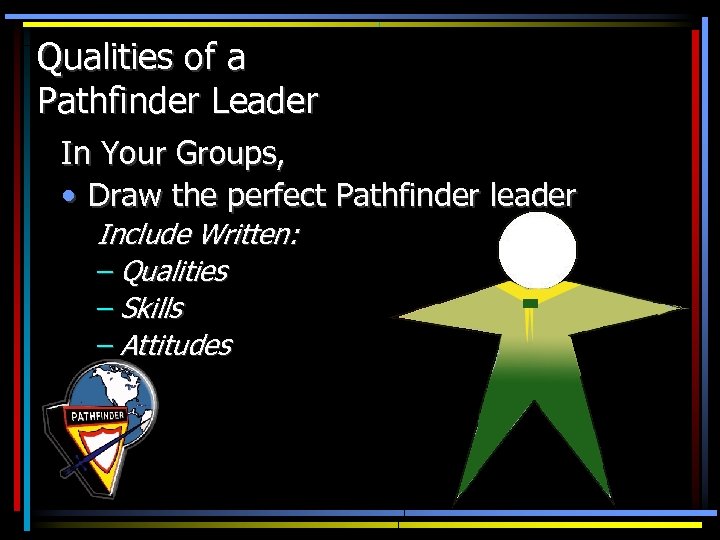 Qualities of a Pathfinder Leader In Your Groups, • Draw the perfect Pathfinder leader