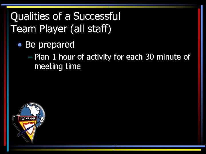 Qualities of a Successful Team Player (all staff) • Be prepared – Plan 1