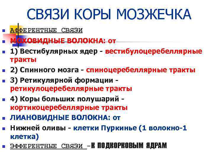 СВЯЗИ КОРЫ МОЗЖЕЧКА n n n n n АФФЕРЕНТНЫЕ СВЯЗИ МОХОВИДНЫЕ ВОЛОКНА: от 1)