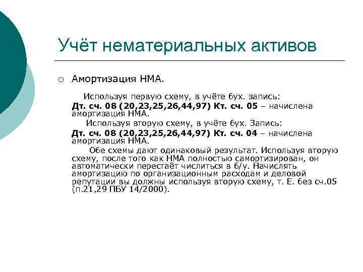 Учёт нематериальных активов ¡ Амортизация НМА. Используя первую схему, в учёте бух. запись: Дт.