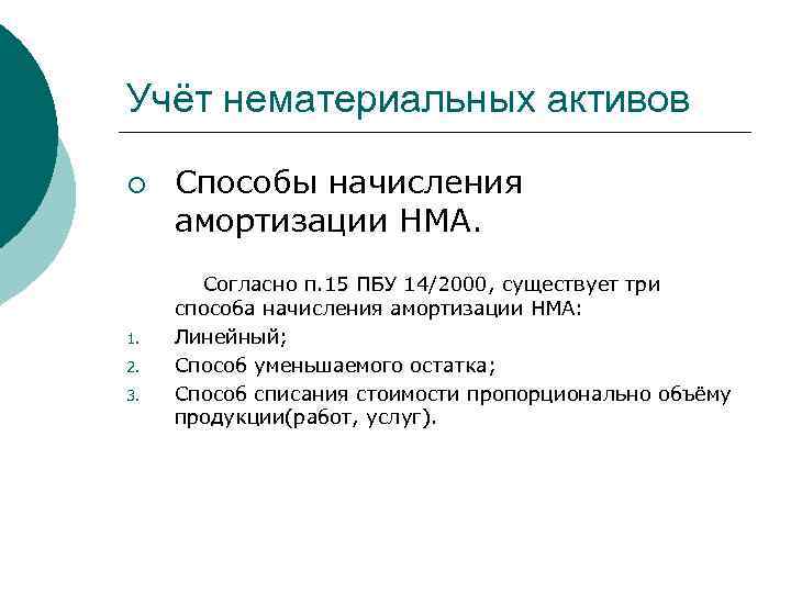 Учёт нематериальных активов ¡ 1. 2. 3. Способы начисления амортизации НМА. Согласно п. 15
