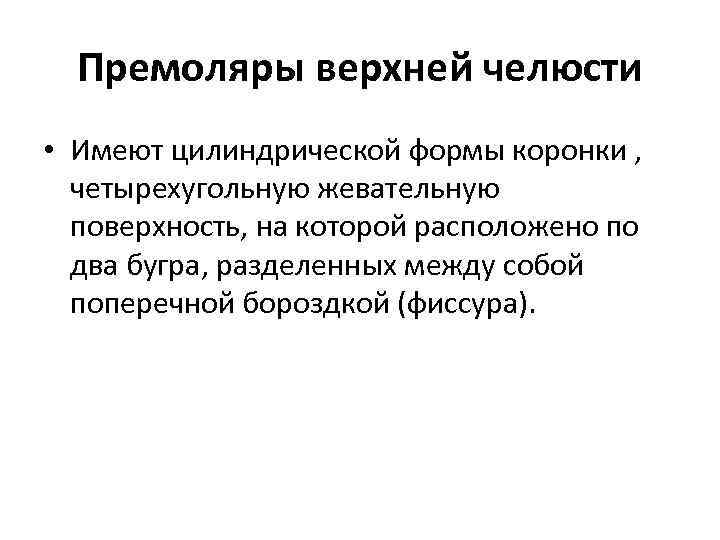 Премоляры верхней челюсти • Имеют цилиндрической формы коронки , четырехугольную жевательную поверхность, на которой