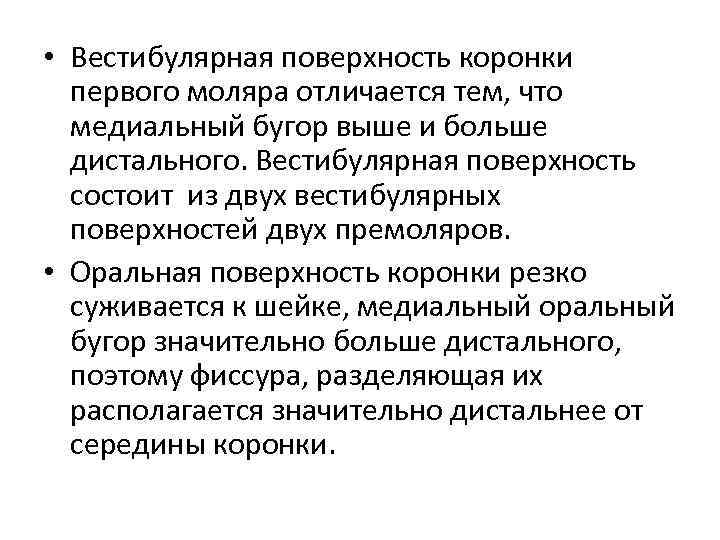  • Вестибулярная поверхность коронки первого моляра отличается тем, что медиальный бугор выше и