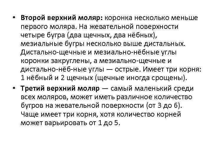  • Второй верхний моляр: коронка несколько меньше первого моляра. На жевательной поверхности четыре