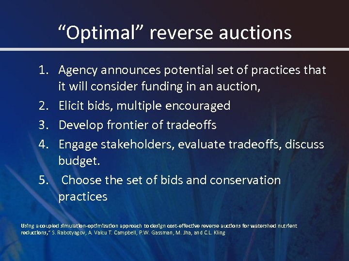 “Optimal” reverse auctions 1. Agency announces potential set of practices that it will consider