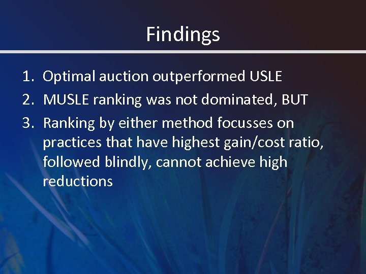 Findings 1. Optimal auction outperformed USLE 2. MUSLE ranking was not dominated, BUT 3.