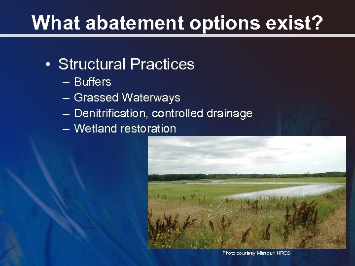 What abatement options exist? • Structural Practices – – Buffers Grassed Waterways Denitrification, controlled