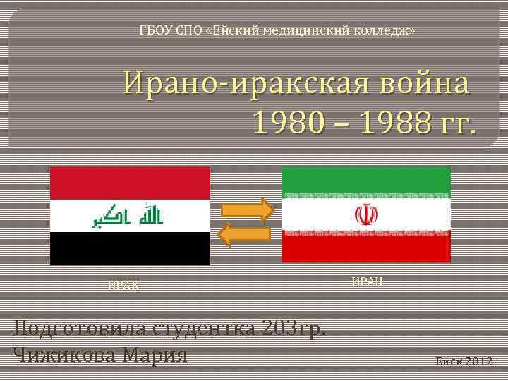 ГБОУ СПО «Ейский медицинский колледж» Ирано-иракская война 1980 – 1988 гг. ИРАК Подготовила студентка