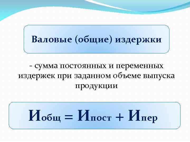 Валовые (общие) издержки - сумма постоянных и переменных издержек при заданном объеме выпуска продукции