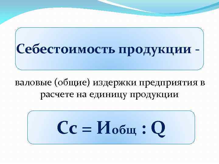 Себестоимость продукции валовые (общие) издержки предприятия в расчете на единицу продукции Сс = Иобщ