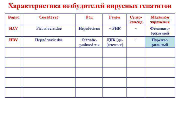 Характеристика возбудителей вирусных гепатитов Вирус Семейство Род Геном Суперкапсид Механизм заражения HAV Picornaviridae Hepatovirus