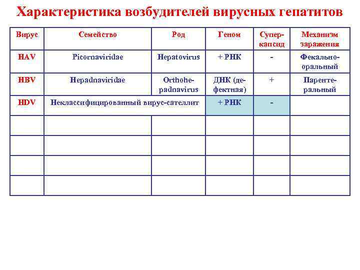 Характеристика возбудителей вирусных гепатитов Вирус Семейство Род Геном Суперкапсид Механизм заражения HAV Picornaviridae Hepatovirus