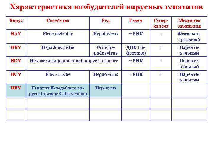 Характеристика возбудителей вирусных гепатитов Вирус Семейство Род Геном Суперкапсид Механизм заражения HAV Picornaviridae Hepatovirus