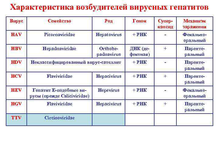 Характеристика возбудителей вирусных гепатитов Вирус Семейство Род Геном Суперкапсид Механизм заражения HAV Picornaviridae Hepatovirus