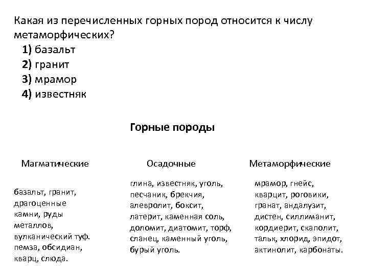 Какая из перечисленных горных пород относится к числу метаморфических? 1) базальт 2) гранит 3)