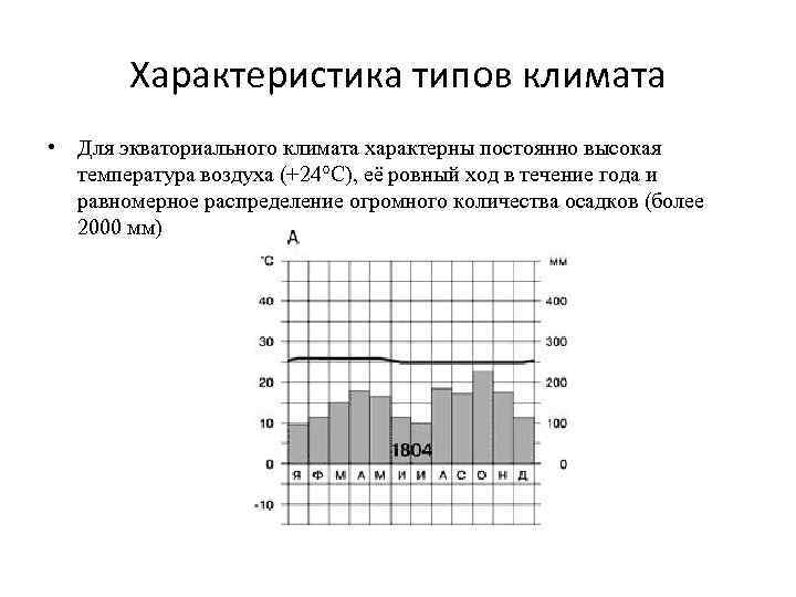 Характеристика типов климата • Для экваториального климата характерны постоянно высокая температура воздуха (+24°С), её