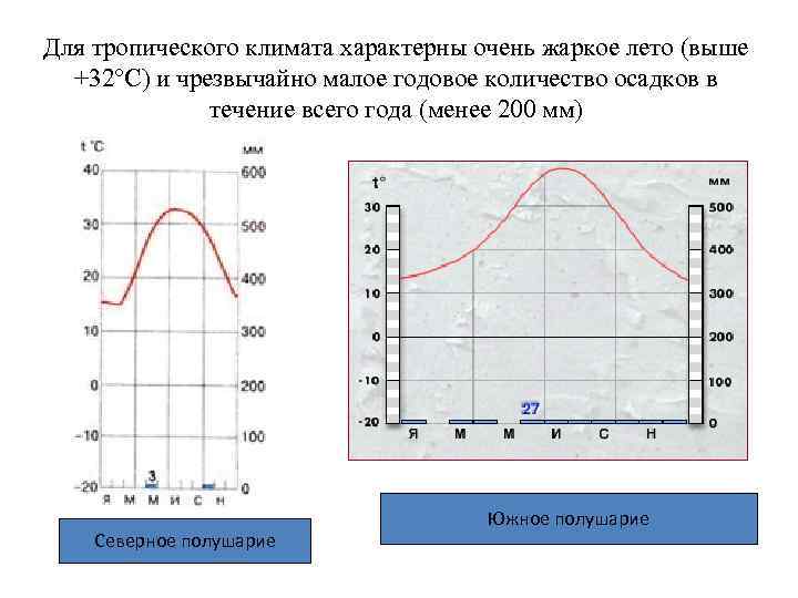 Для тропического климата характерны очень жаркое лето (выше +32°С) и чрезвычайно малое годовое количество