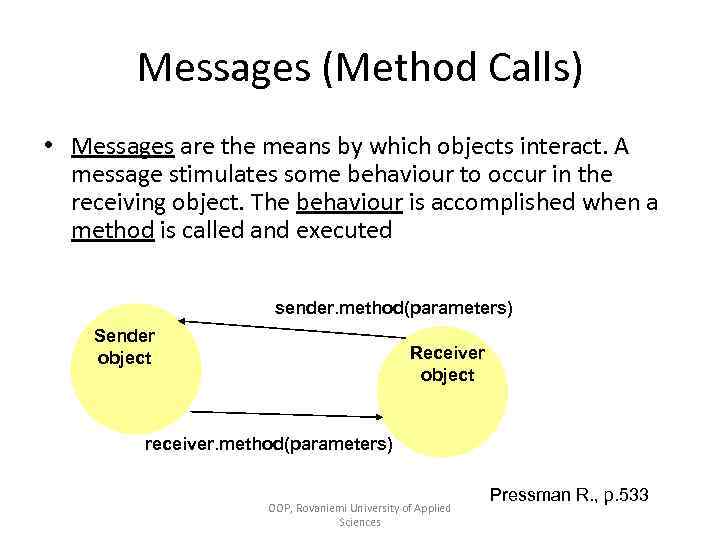 Messages (Method Calls) • Messages are the means by which objects interact. A message