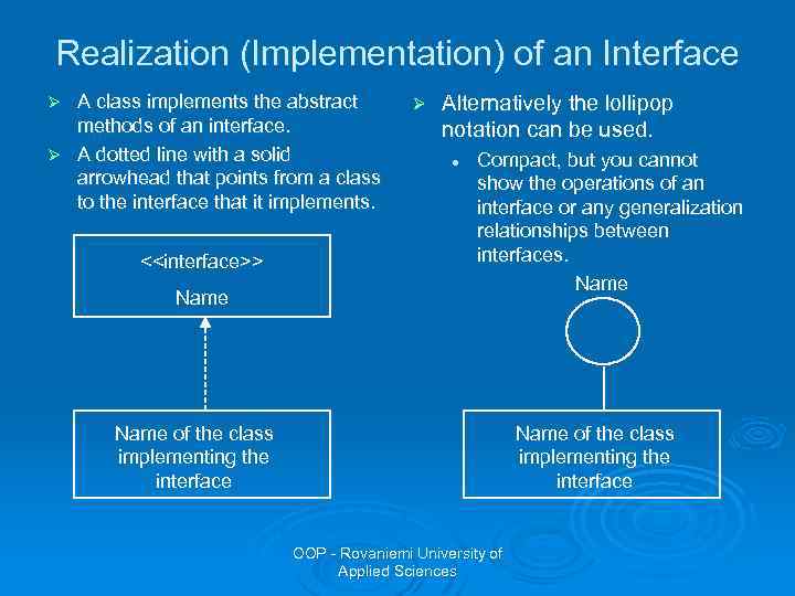 Realization (Implementation) of an Interface A class implements the abstract methods of an interface.