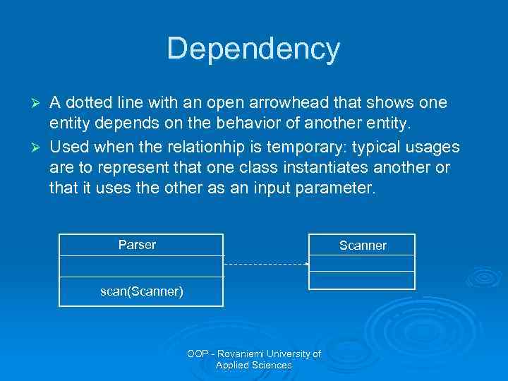 Dependency A dotted line with an open arrowhead that shows one entity depends on