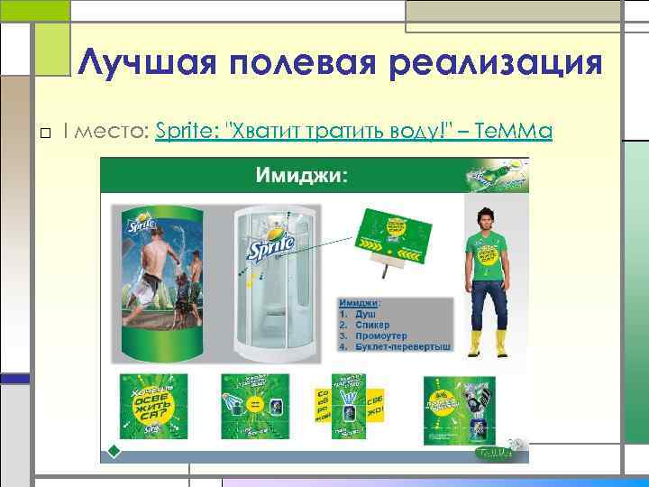 Лучшая полевая реализация □ I место: Sprite: "Хватит тратить воду!" – Те. ММа 