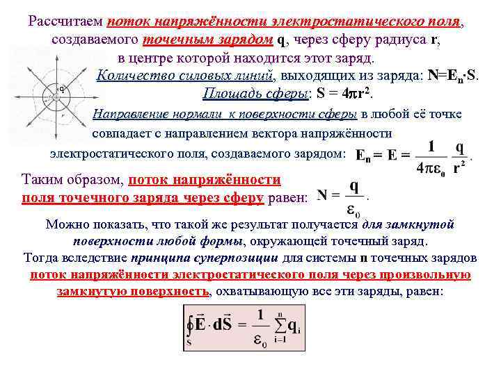 Рассчитаем поток напряжённости электростатического поля, создаваемого точечным зарядом q, через сферу радиуса r, в