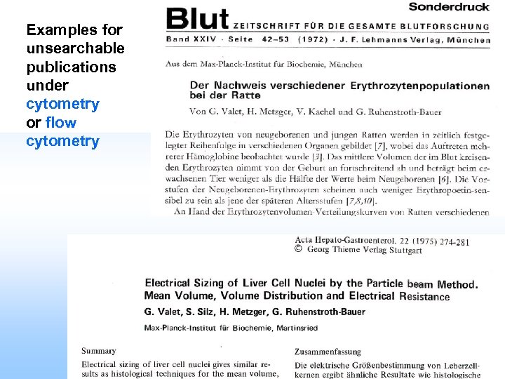 Examples for unsearchable publications under cytometry or flow cytometry 