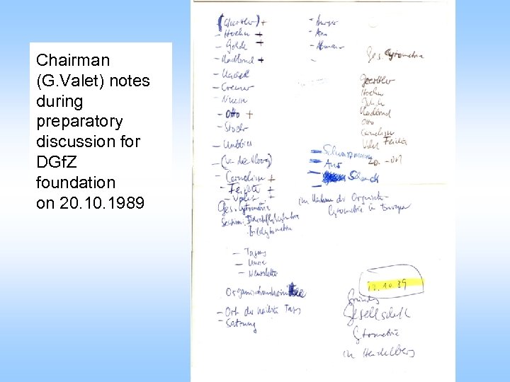 Chairman (G. Valet) notes during preparatory discussion for DGf. Z foundation on 20. 1989