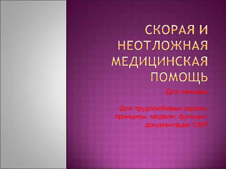 -Для ленивых -Для трудолюбивых: задачи, принципы, модели, функции, документация СМП 