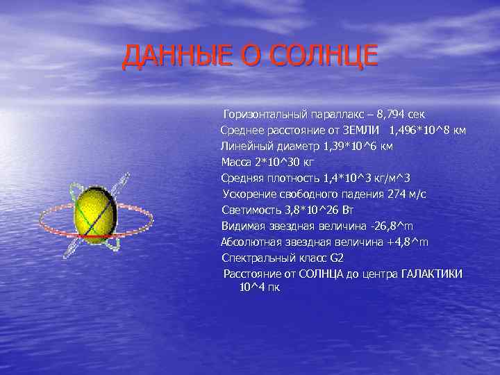 ДАННЫЕ О СОЛНЦЕ Горизонтальный параллакс – 8, 794 сек Среднее расстояние от ЗЕМЛИ 1,