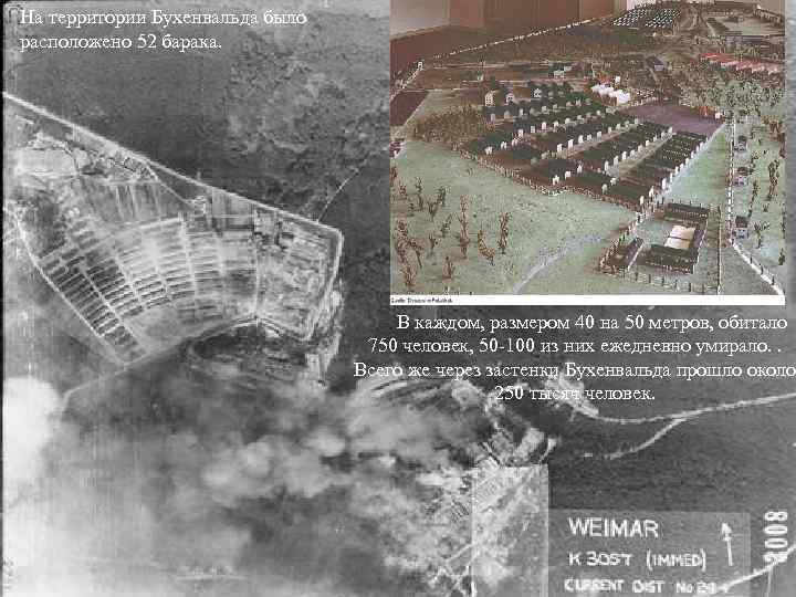 На территории Бухенвальда было расположено 52 барака. В каждом, размером 40 на 50 метров,