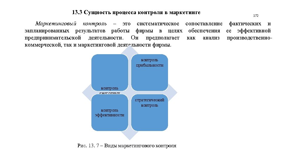 13. 3 Сущность процесса контроля в маркетинге 172 Маркетинговый контроль – это систематическое сопоставление