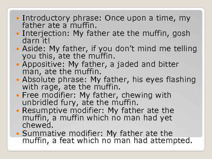  Introductory phrase: Once upon a time, my father ate a muffin. Interjection: My