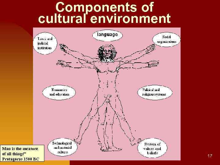 Components of cultural environment Man is the measure of all things” Protagoras 1500 BC