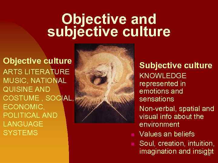 Objective and subjective culture Objective culture ARTS LITERATURE MUSIC, NATIONAL QUISINE AND COSTUME ,