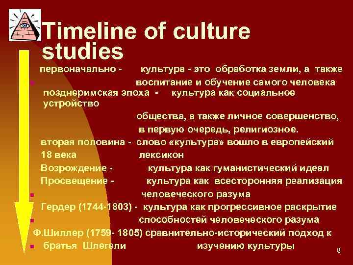 Timeline of culture studies первоначально - культура - это обработка земли, а также воспитание