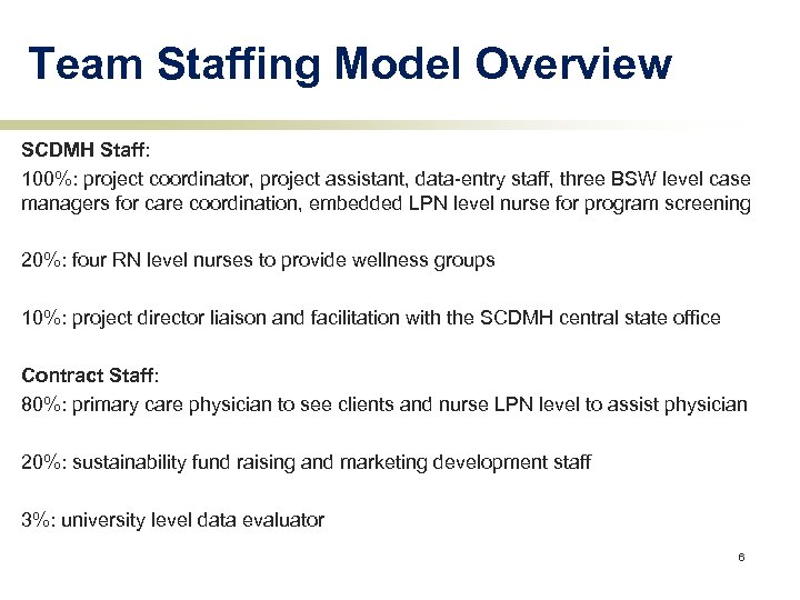 Team Staffing Model Overview SCDMH Staff: 100%: project coordinator, project assistant, data-entry staff, three