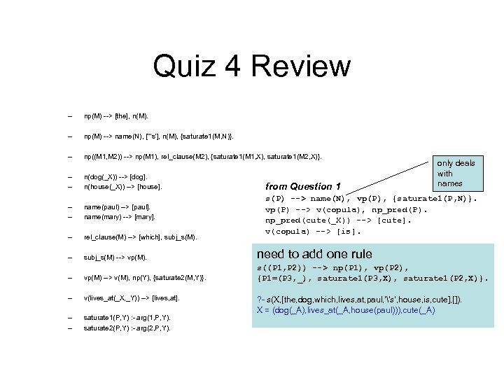 Quiz 4 Review – np(M) --> [the], n(M). – np(M) --> name(N), ['''s'], n(M),