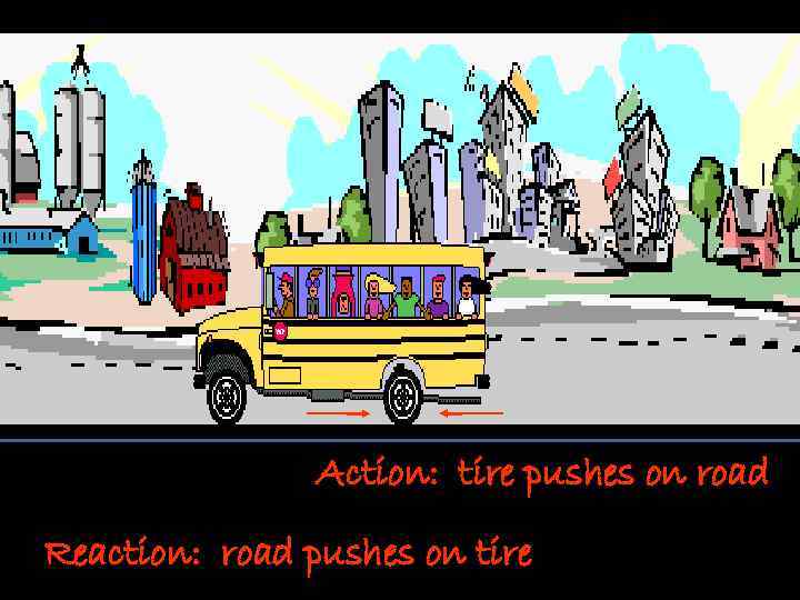 Action: tire pushes on road Reaction: road pushes on tire 
