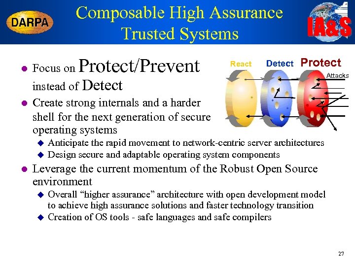 Composable High Assurance Trusted Systems Protect/Prevent l Focus on l React Detect IA&S Protect