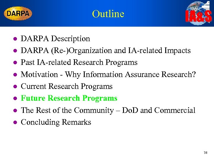 Outline l l l l IA&S DARPA Description DARPA (Re-)Organization and IA-related Impacts Past