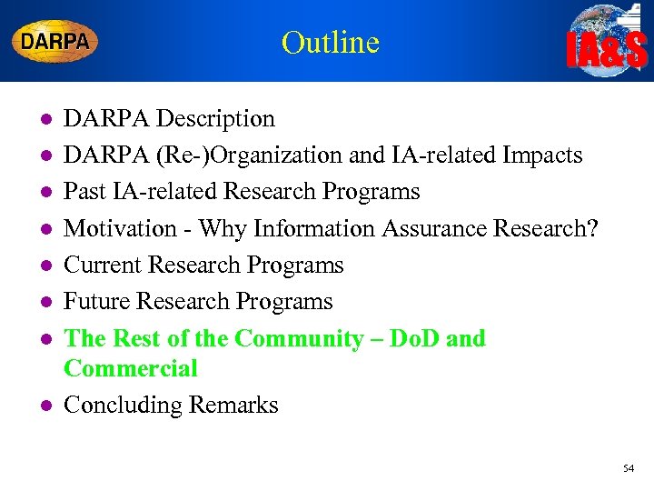 Outline l l l l IA&S DARPA Description DARPA (Re-)Organization and IA-related Impacts Past