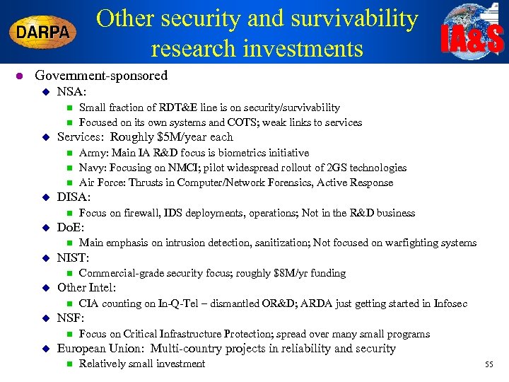 Other security and survivability research investments l IA&S Government-sponsored u NSA: n n u
