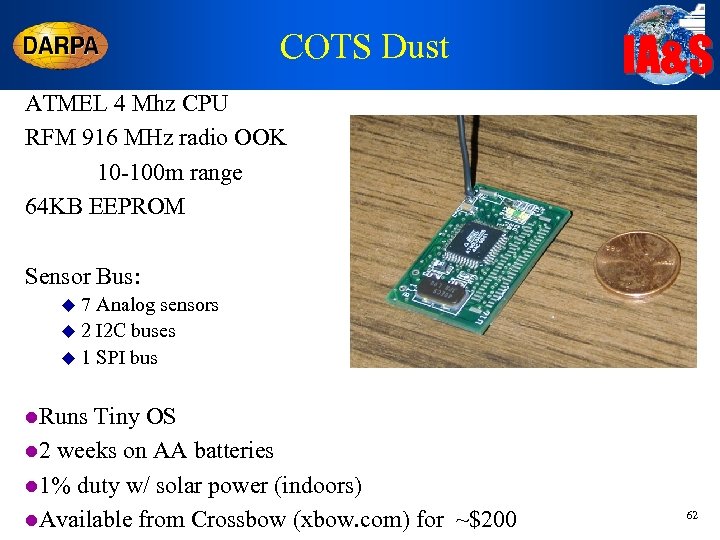 COTS Dust IA&S ATMEL 4 Mhz CPU RFM 916 MHz radio OOK 10 -100