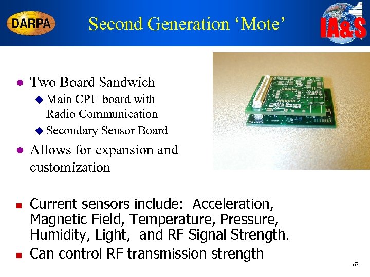 Second Generation ‘Mote’ l IA&S Two Board Sandwich u Main CPU board with Radio