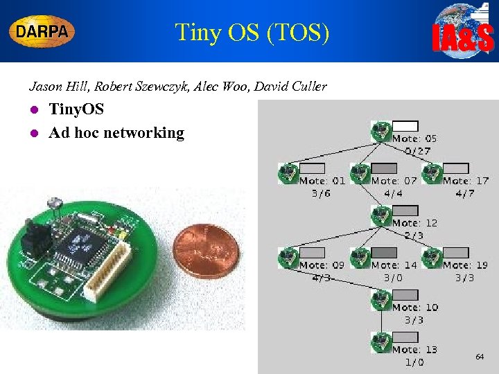 Tiny OS (TOS) IA&S Jason Hill, Robert Szewczyk, Alec Woo, David Culler l l