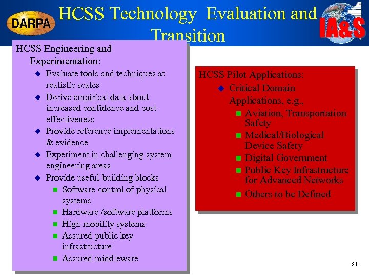 HCSS Technology Evaluation and IA&S Transition HCSS Engineering and Experimentation: u u u Evaluate