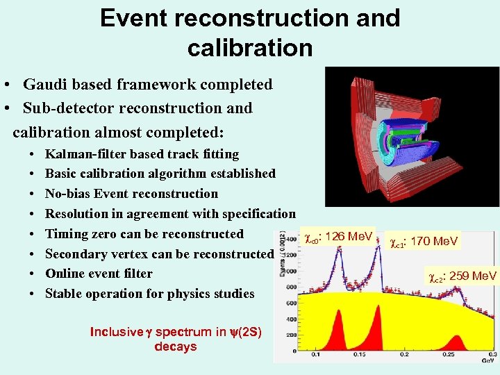 Event reconstruction and calibration • Gaudi based framework completed • Sub-detector reconstruction and calibration