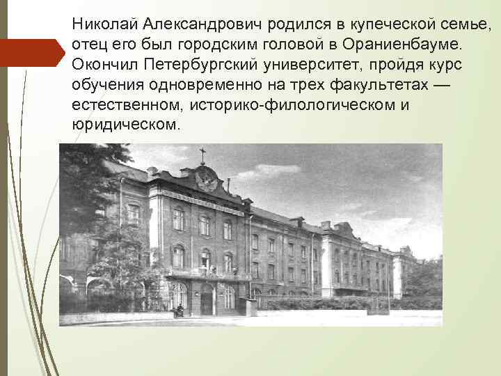 Николай Александрович родился в купеческой семье, отец его был городским головой в Ораниенбауме. Окончил