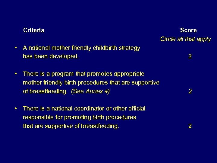 Criteria Score Circle all that apply • A national mother friendly childbirth strategy has
